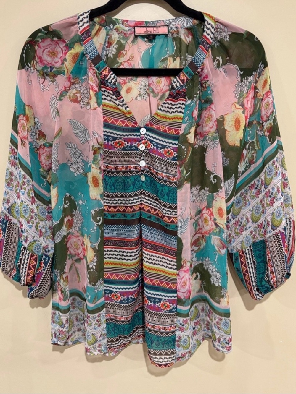 Boho Mixed-Print Floral Button Blouse — Pink & Teal